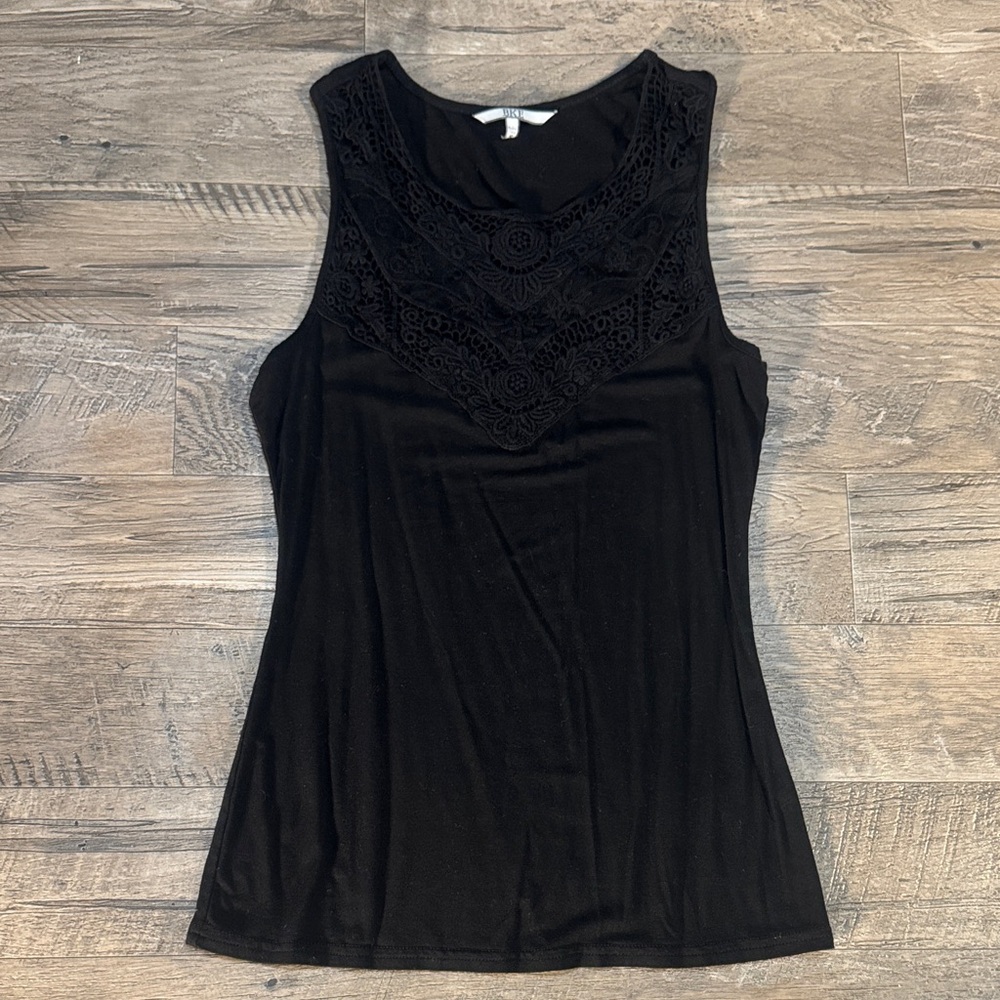 BKE Black Tank Top with Crochet/Lace Neckline - Size S